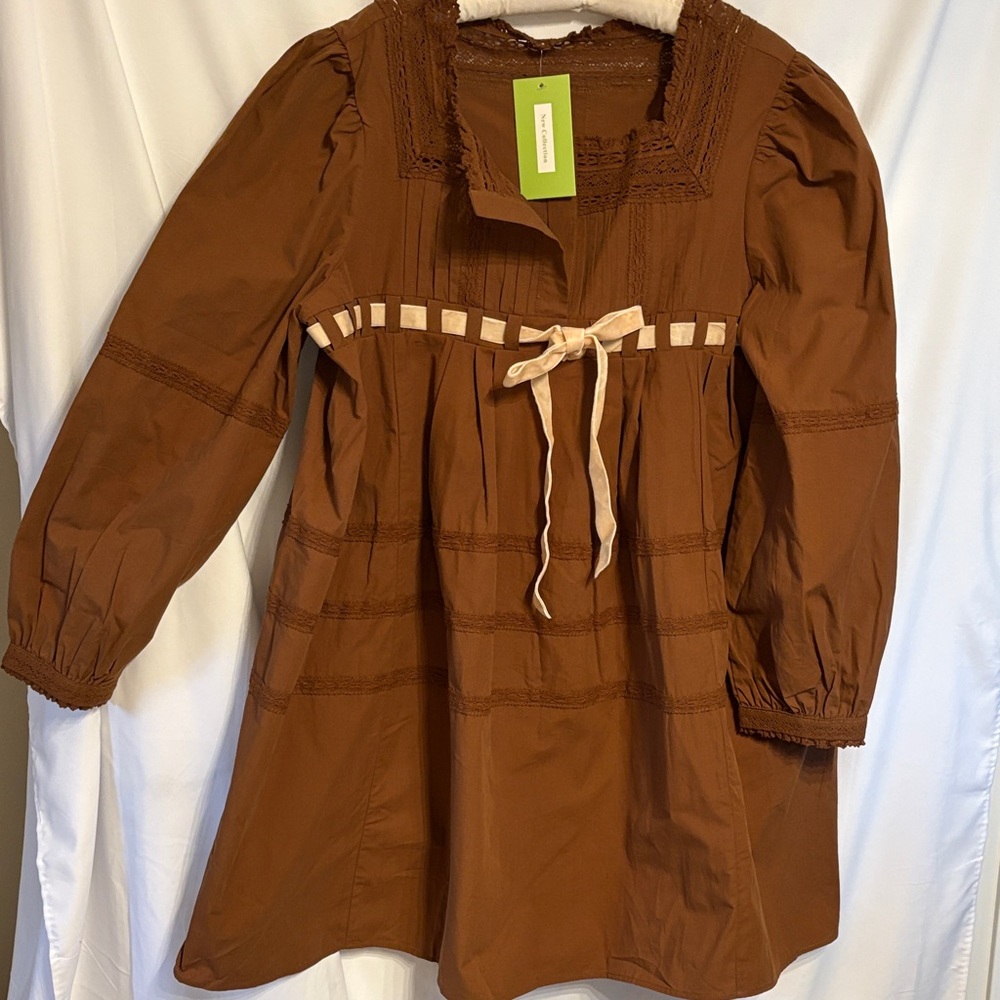 Babydoll Brown Midi Long Sleeve Dress With Lace Details. Size XL NWT